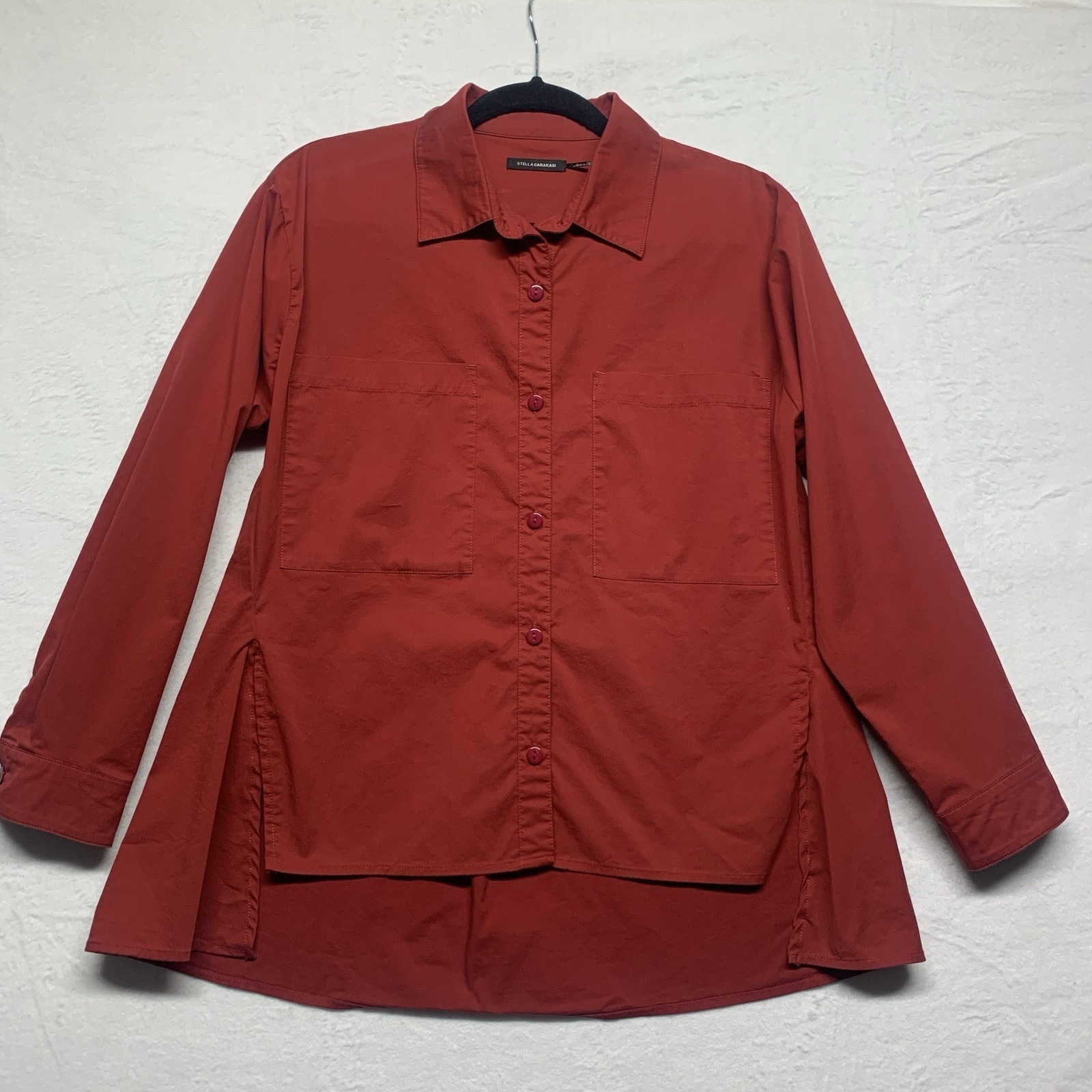 Stella Carakasi Red Button Front Shirt High-Low Hem Side Slits - Size S/M